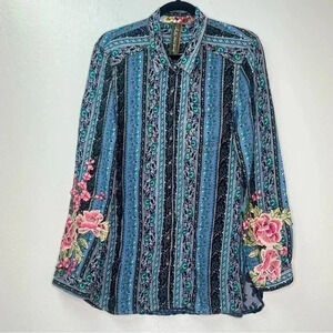 Aratta Silent Journey Floral Embroidered Sheer Back W/Velvet Detail Tunic Top M